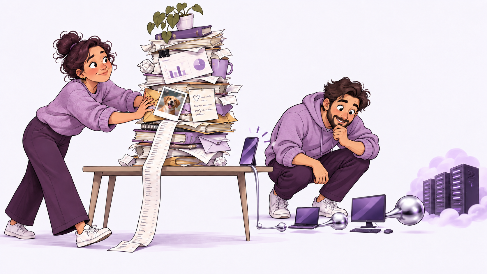 A woman pushes a towering pile of reports, bills, notes, and a dog photo toward a tiny phone. A curious man crouches beside it, inspecting the silver mercury bubbles connecting the phone to a laptop, workstation, and distant servers.